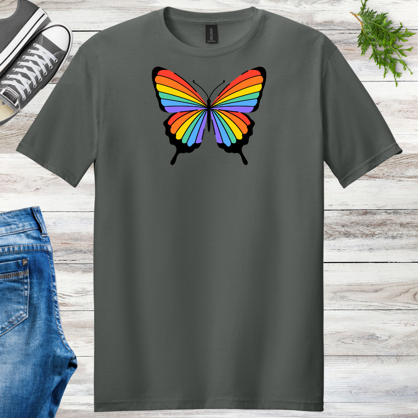 Rainbow Striped Butterfly Unisex Tee
