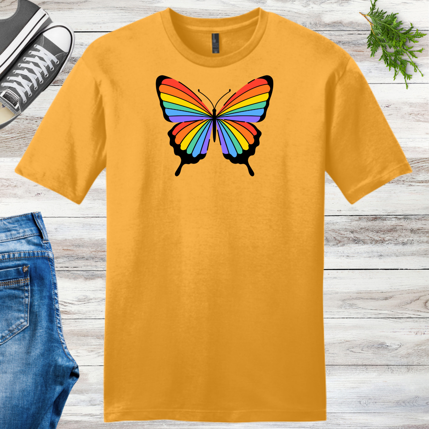 Rainbow Striped Butterfly Unisex Tee