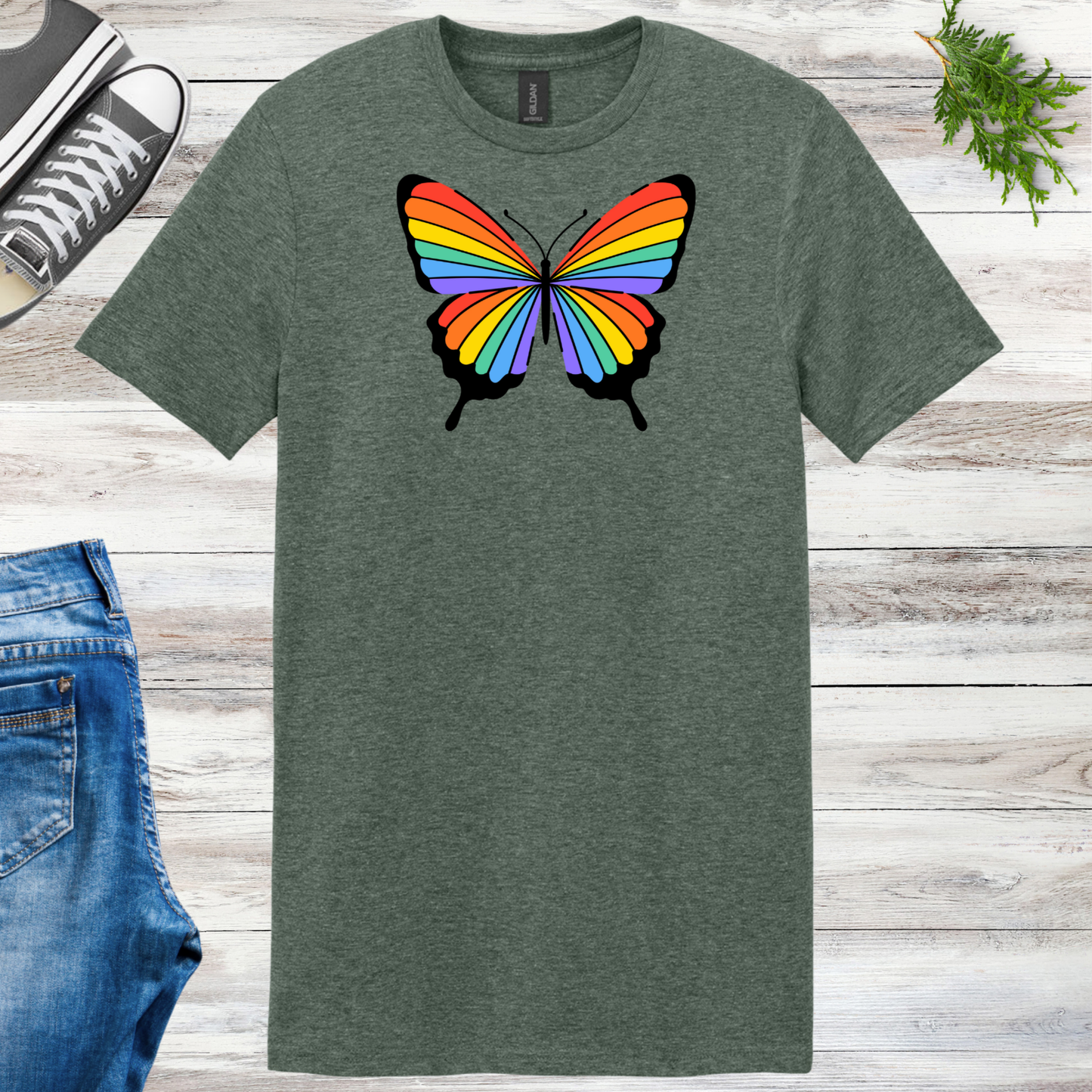 Rainbow Striped Butterfly Unisex Tee