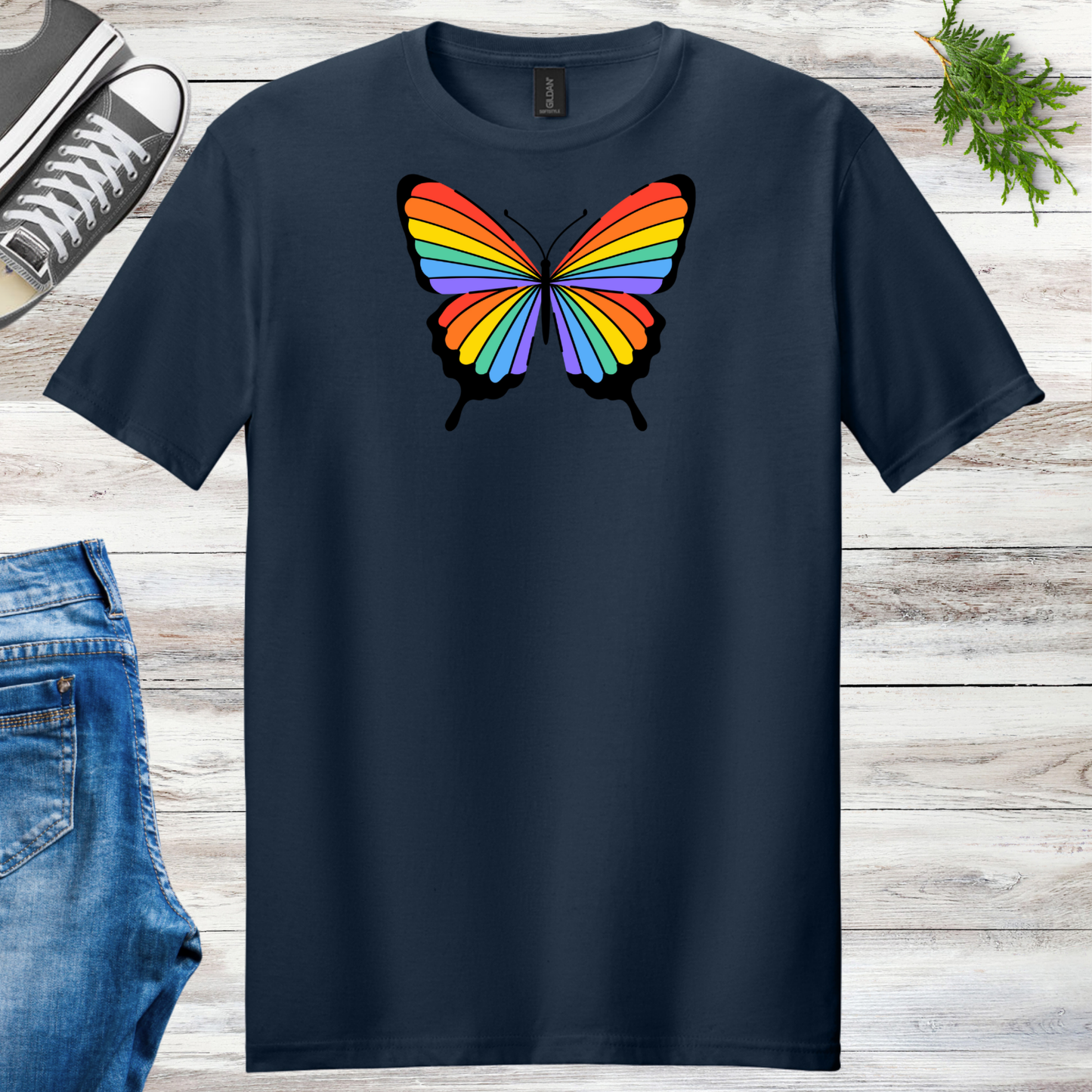 Rainbow Striped Butterfly Unisex Tee